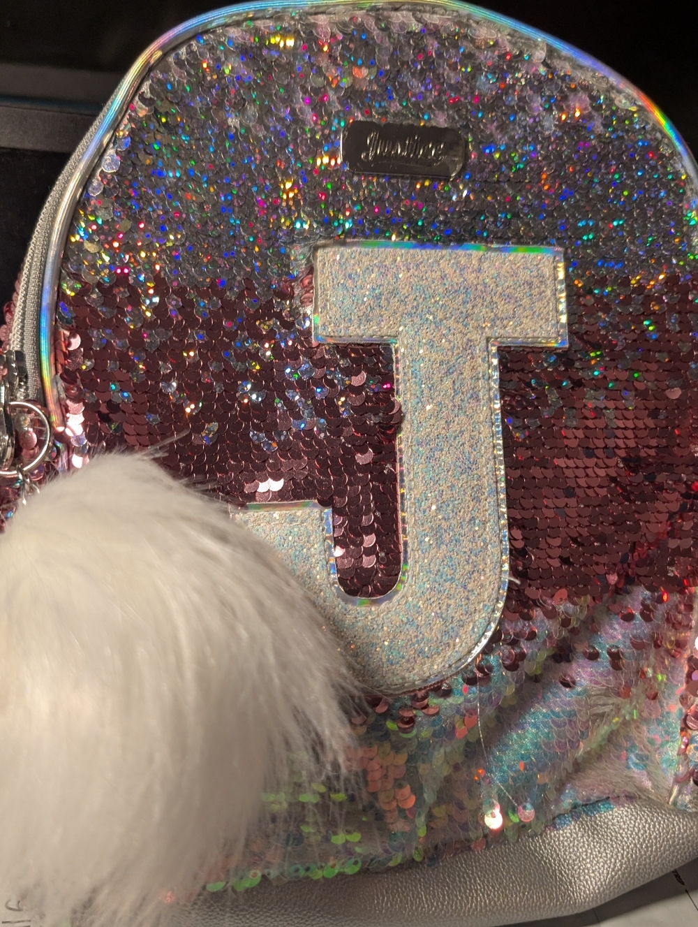 Iridescent Sequin Trim Light Gray Justice Mini Backpack